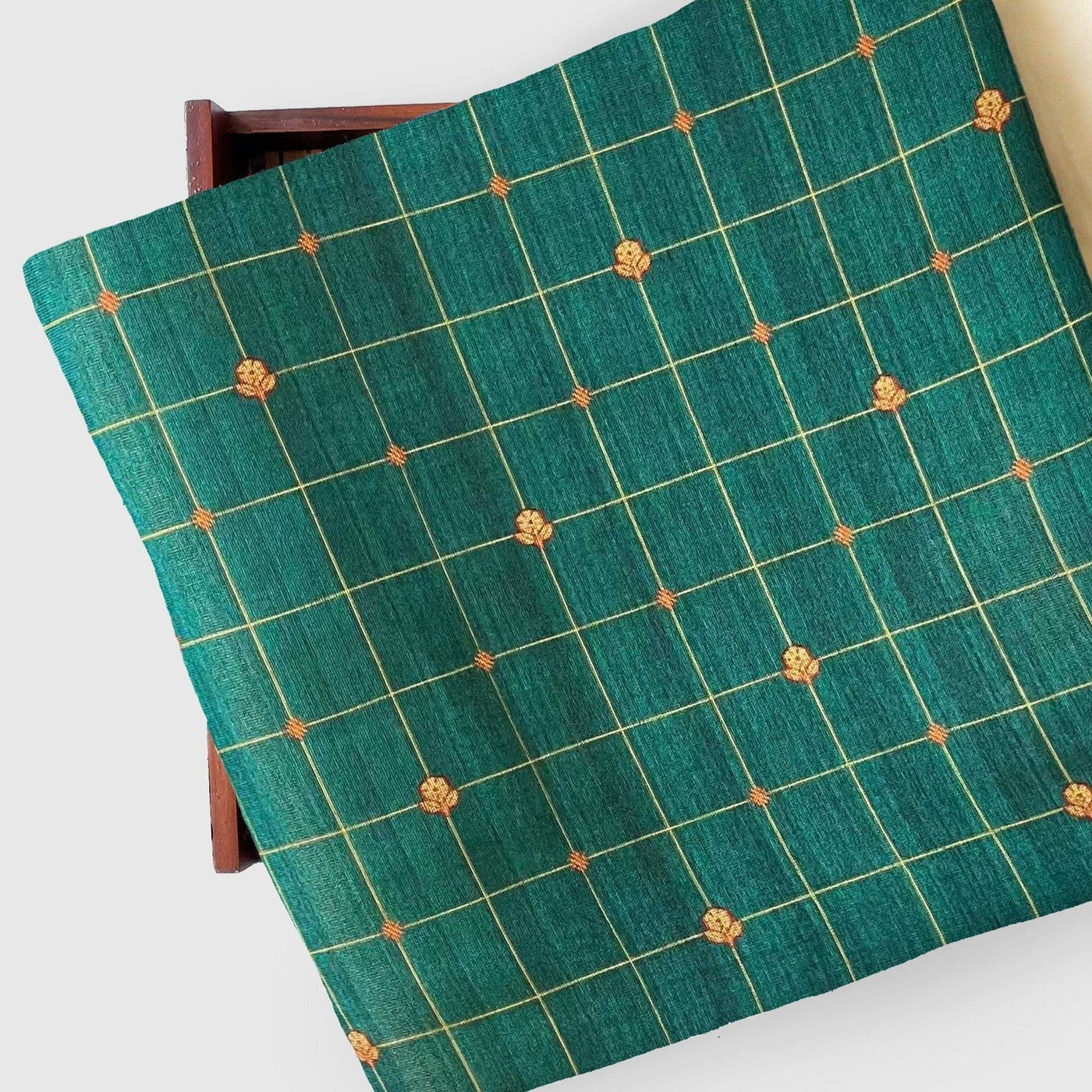 Tissue Silk Kurta Set Cut Piece (CUT PIECE) Emerald Green & Orange Checks Printed Tissue Silk Fabric (Width 44 Inches)