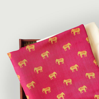 Tissue Silk Kurta Set Kurta Set Unisex Blush Pink & Yellow | Mini Elephants Printed Tissue Silk Kurta Fabric (3 Meters) | and Cotton Pyjama (2.5 Meters) | Unstitched Combo Set
