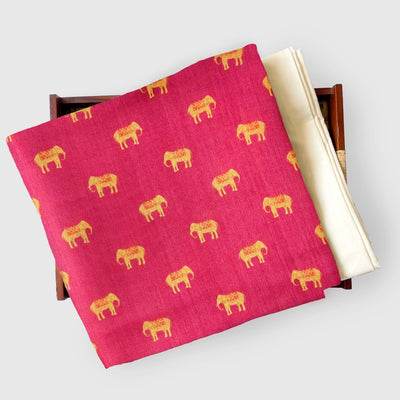 Tissue Silk Kurta Set Kurta Set Unisex Blush Pink & Yellow | Mini Elephants Printed Tissue Silk Kurta Fabric (3 Meters) | and Cotton Pyjama (2.5 Meters) | Unstitched Combo Set