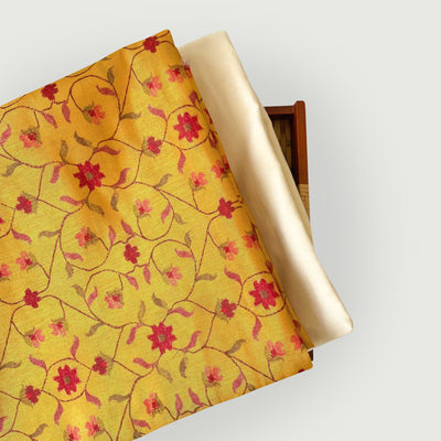 Tissue Silk Kurta Set Kurta Set Unisex Bright Yellow & Red | Mughal Flora Printed Tissue Silk Kurta Fabric (3 Meters) | and Cotton Pyjama (2.5 Meters) | Unstitched Combo Set