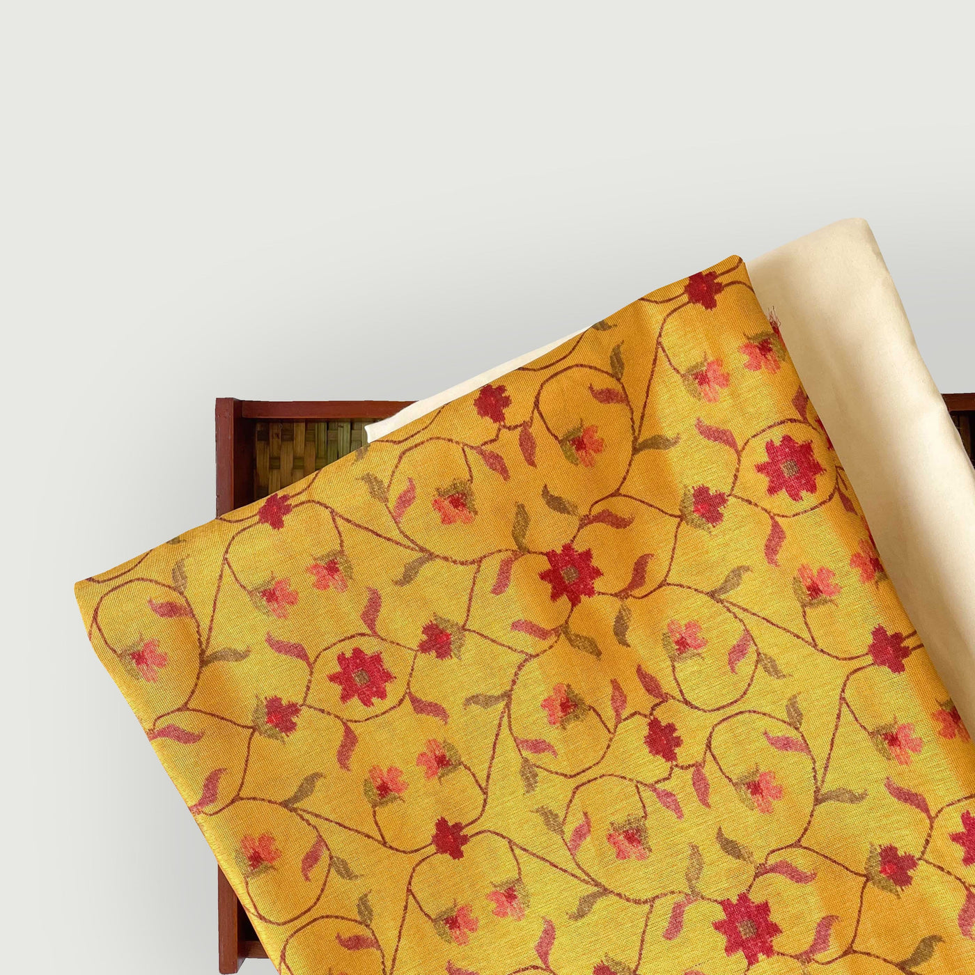 Tissue Silk Kurta Set Kurta Set Unisex Bright Yellow & Red | Mughal Flora Printed Tissue Silk Kurta Fabric (3 Meters) | and Cotton Pyjama (2.5 Meters) | Unstitched Combo Set