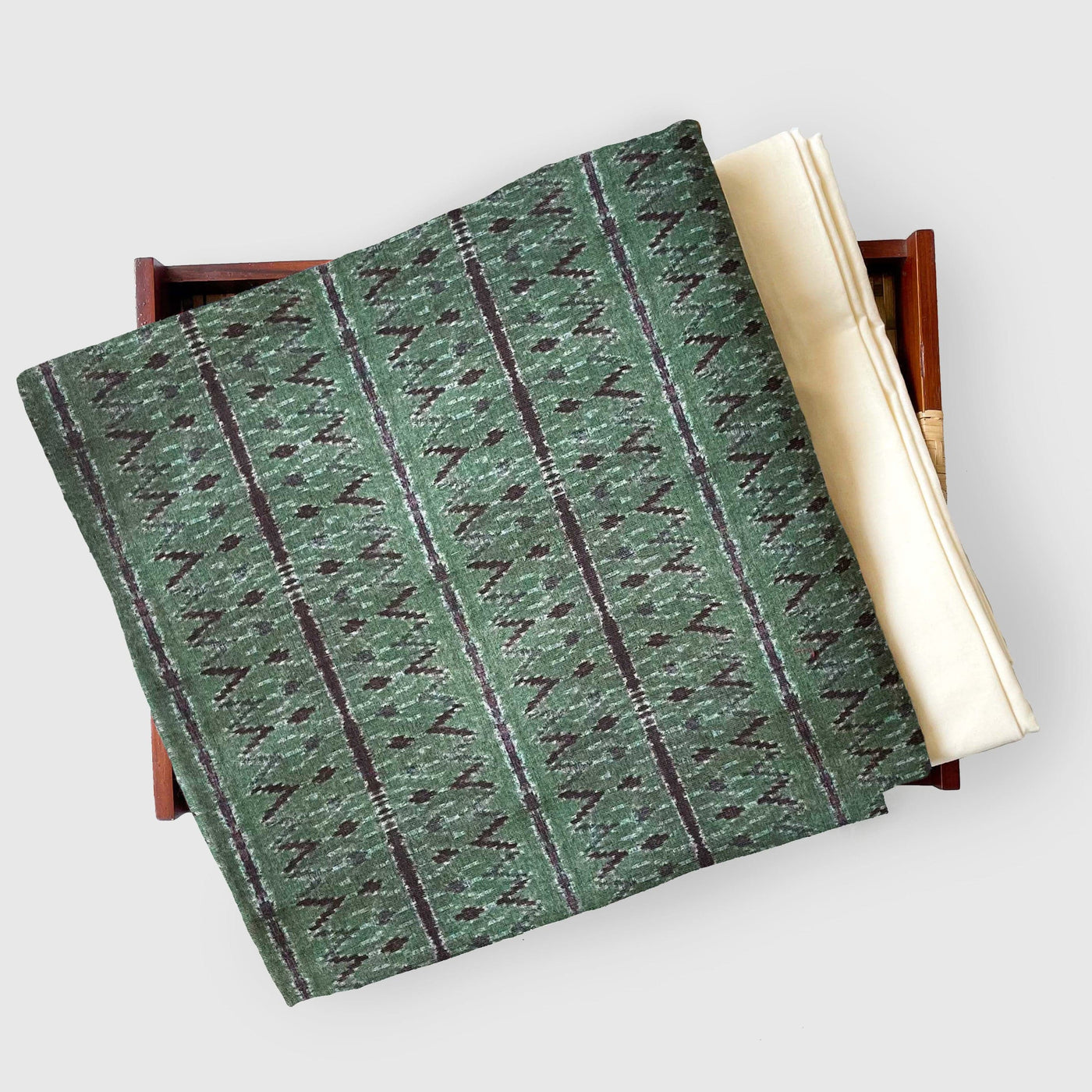 Tissue Silk Kurta Set Kurta Set Unisex Emerald Green & Black | Tribal Art Printed Tissue Silk Kurta Fabric (3 Meters) | and Cotton Pyjama (2.5 Meters) | Unstitched Combo Set