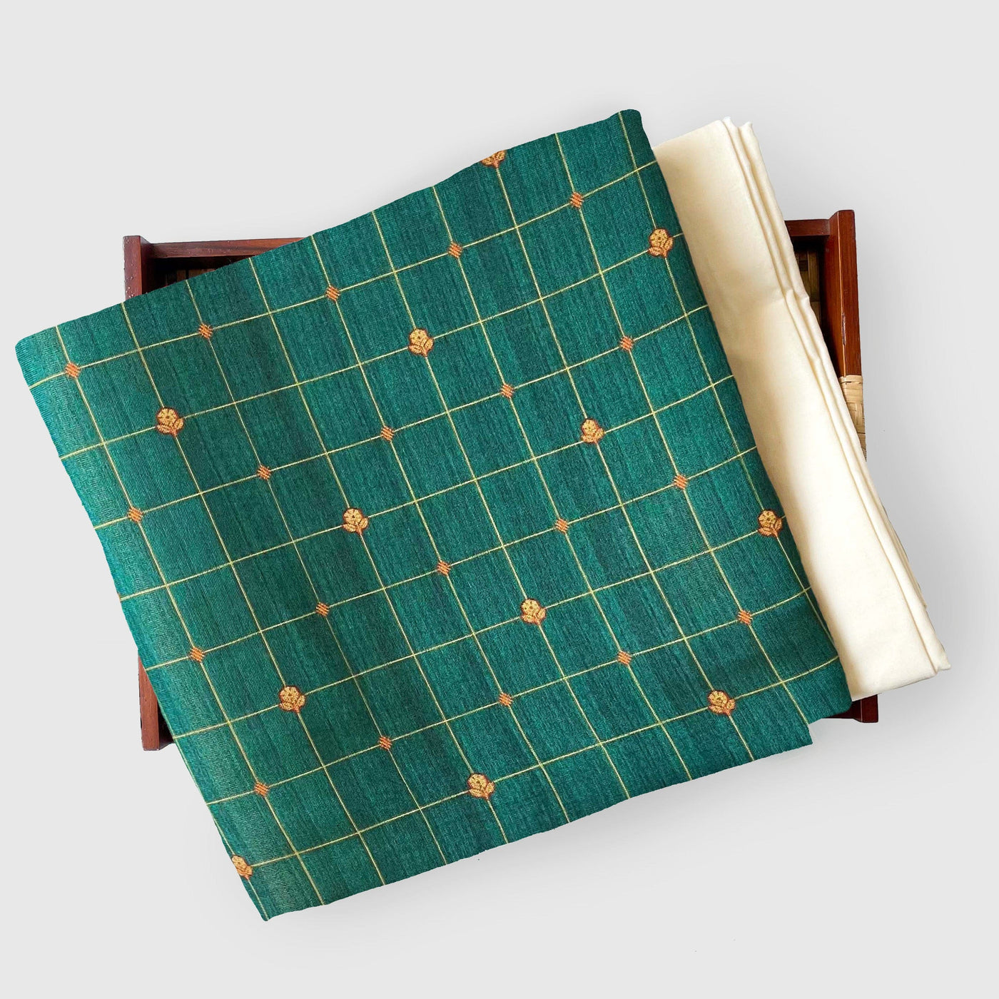 Tissue Silk Kurta Set Kurta Set Unisex Emerald Green & Orange | Checks Printed Tissue Silk Kurta Fabric (3 Meters) | and Cotton Pyjama (2.5 Meters) | Unstitched Combo Set