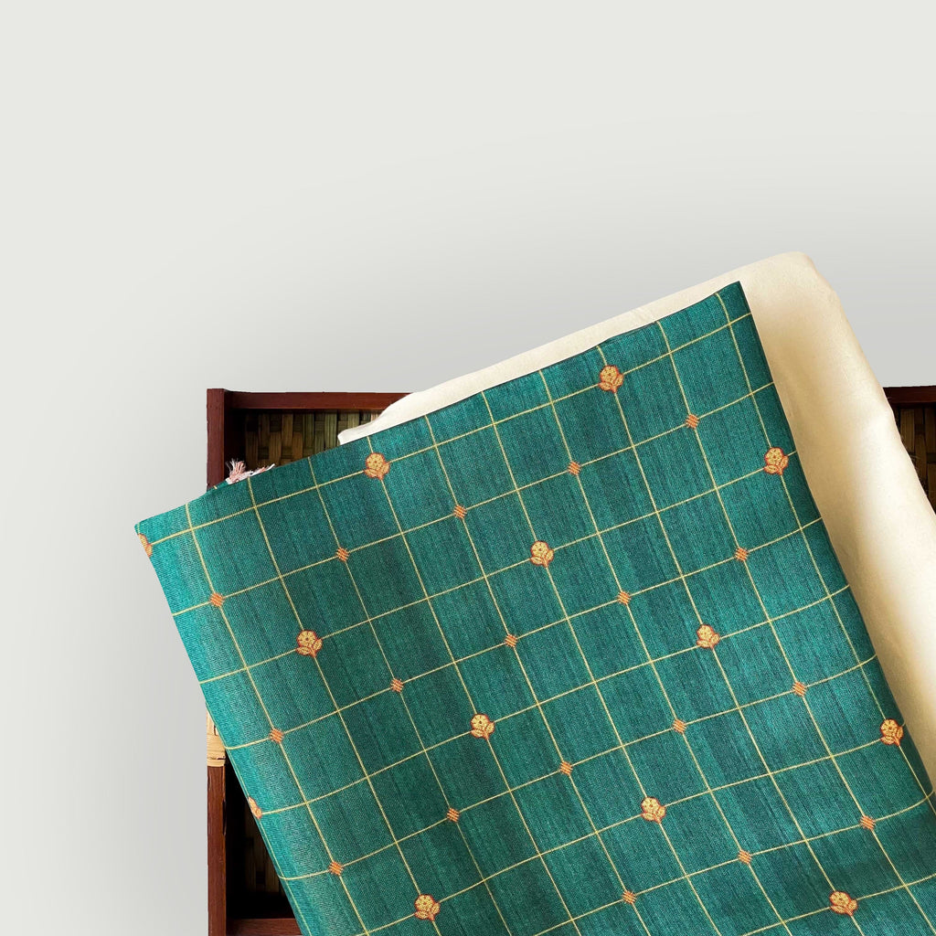 Tissue Silk Kurta Set Kurta Set Unisex Emerald Green & Orange | Checks Printed Tissue Silk Kurta Fabric (3 Meters) | and Cotton Pyjama (2.5 Meters) | Unstitched Combo Set