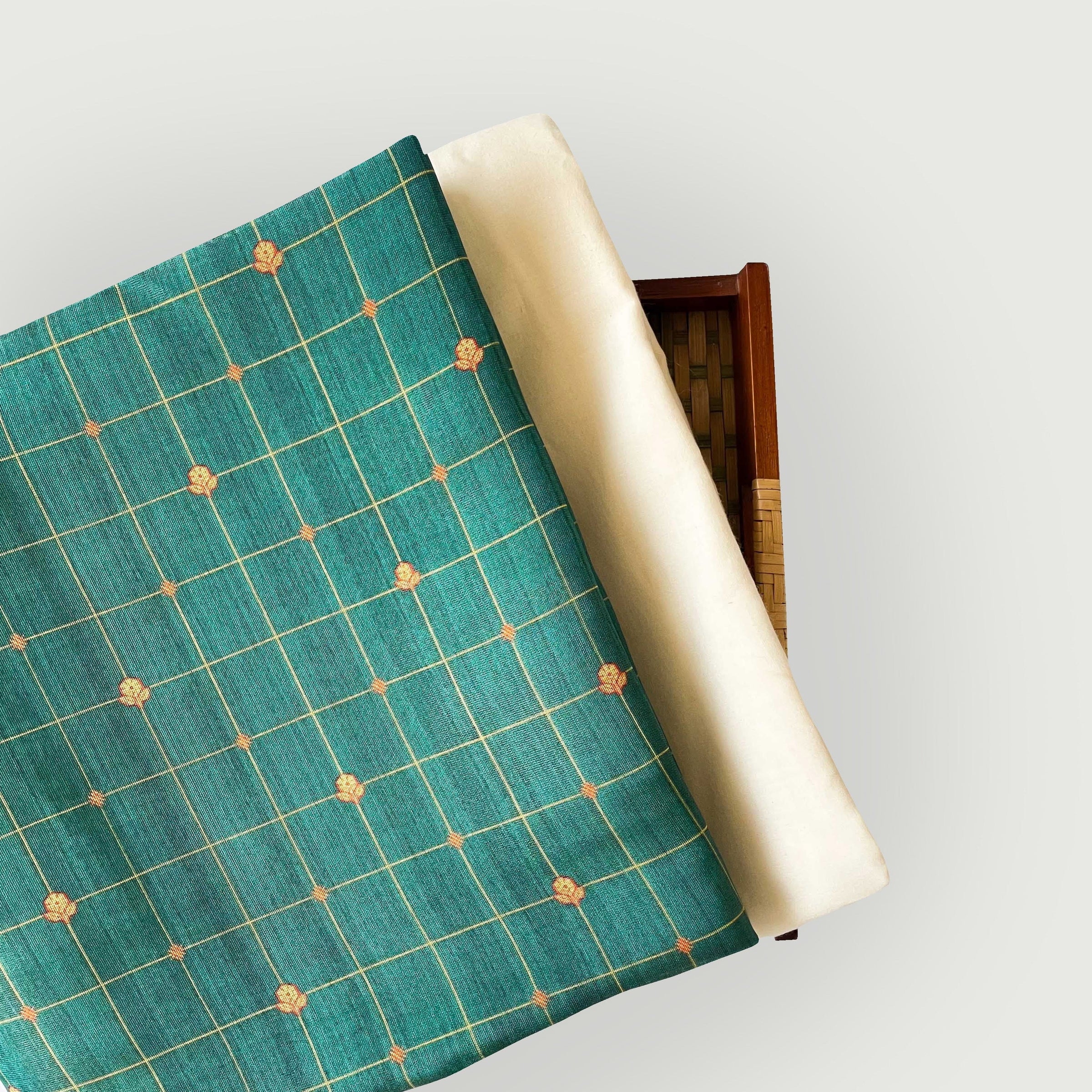 Tissue Silk Kurta Set Kurta Set Unisex Emerald Green & Orange | Checks Printed Tissue Silk Kurta Fabric (3 Meters) | and Cotton Pyjama (2.5 Meters) | Unstitched Combo Set