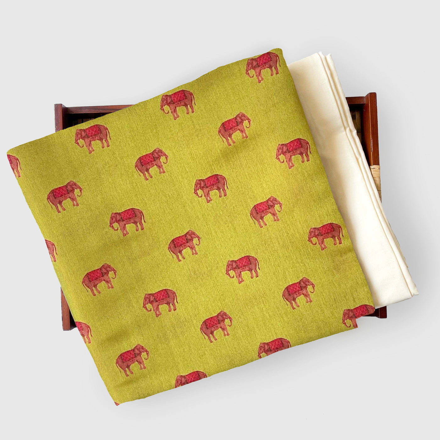 Tissue Silk Kurta Set Kurta Set Unisex Pale Yellow & Red |Mini Elephants Printed Tissue Silk Kurta Fabric (3 Meters) | and Cotton Pyjama (2.5 Meters) | Unstitched Combo Set