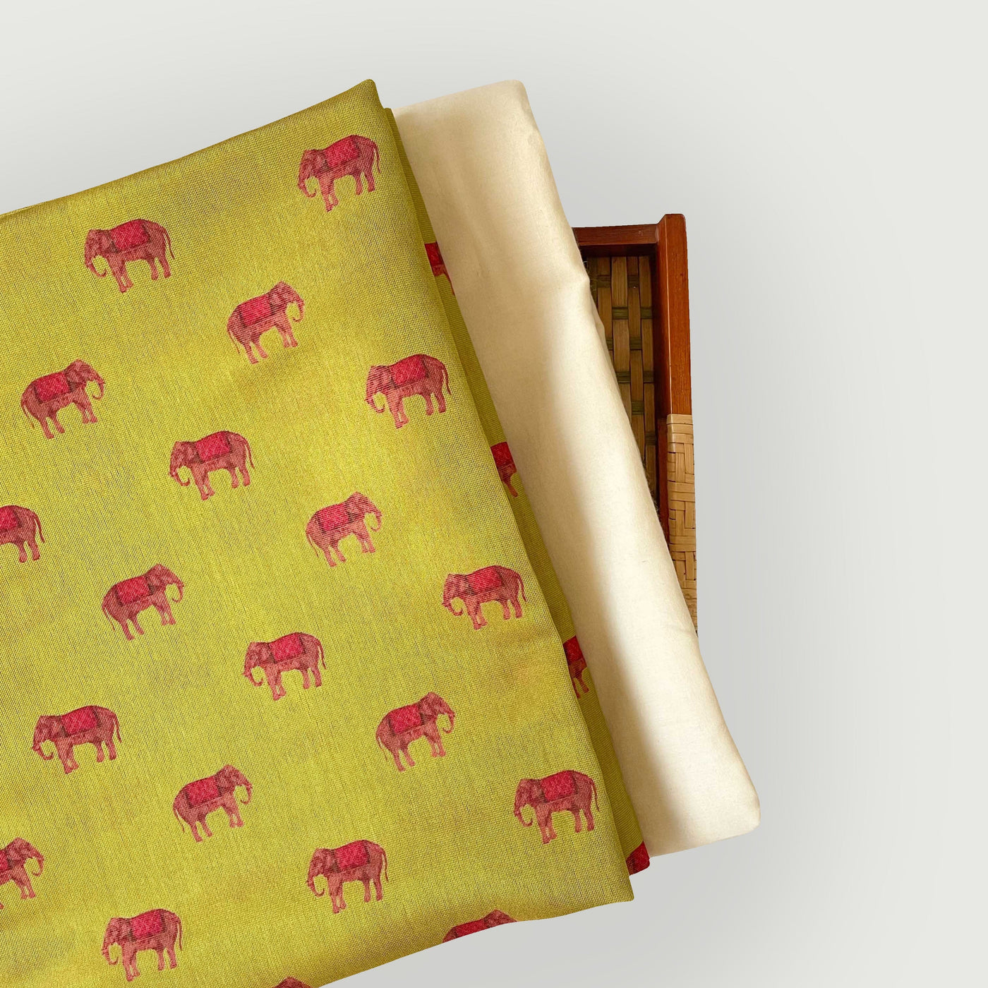 Tissue Silk Kurta Set Kurta Set Unisex Pale Yellow & Red |Mini Elephants Printed Tissue Silk Kurta Fabric (3 Meters) | and Cotton Pyjama (2.5 Meters) | Unstitched Combo Set