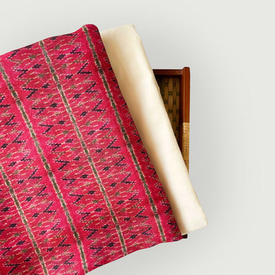Tissue Silk Kurta Set Kurta Set Unisex Rani Red & Green | Tribal Art Printed Tissue Silk Kurta Fabric (3 Meters) | and Cotton Pyjama (2.5 Meters) | Unstitched Combo Set