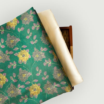 Tissue Silk Kurta Set Kurta Set Unisex  Teal Green & Yellow | Flower Garden Printed Tissue Silk Kurta Fabric (3 Meters) | and Cotton Pyjama (2.5 Meters) | Unstitched Combo Set