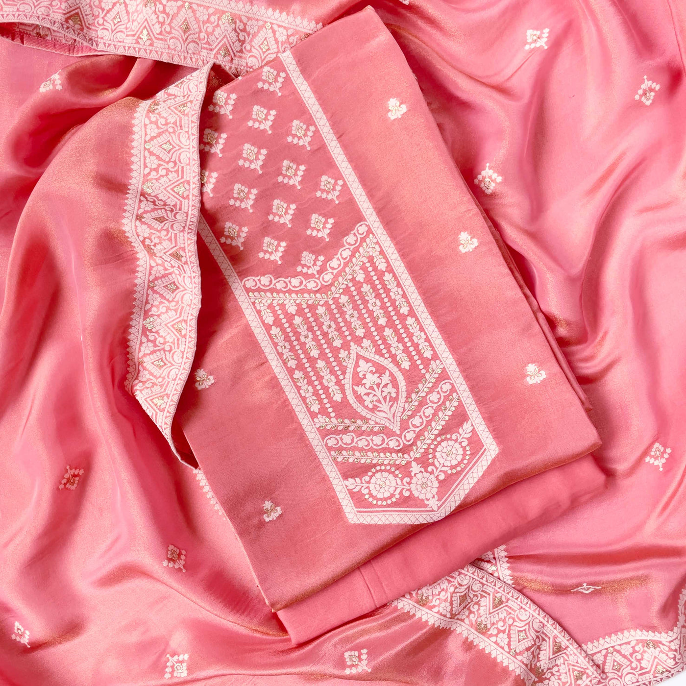 Tissue Silk Unstitched Suit Set Unstitched Suit Golden Pink Nayaab Woven Pure Tissue Silk Unstitched Suit Set