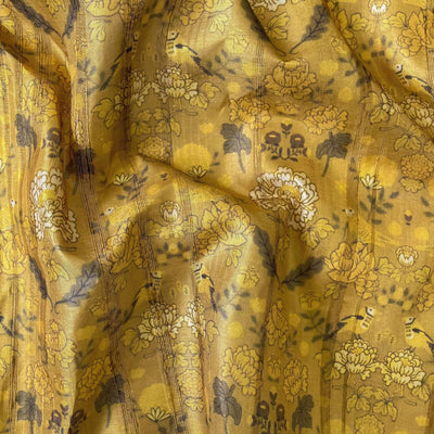 Tussar Silk Fabric Cut Piece (CUT PIECE) Dusty Yellow Floral Digital Printed Tussar Silk Fabric (Width 44 Inches)