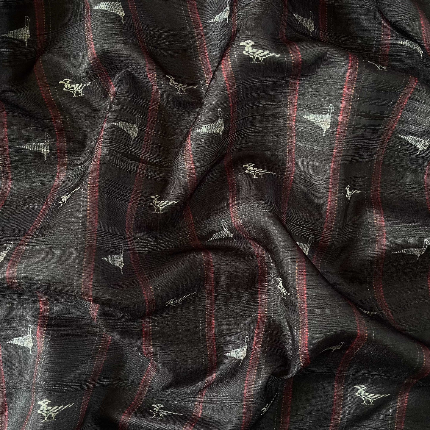 Tussar Silk Fabric Fabric Black Traditional Stripes Digital Printed Tussar Silk Fabric (Width 44 Inches)