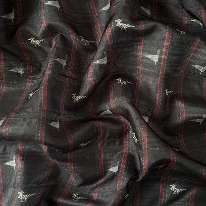 Tussar Silk Fabric Fabric Black Traditional Stripes Digital Printed Tussar Silk Fabric (Width 44 Inches)