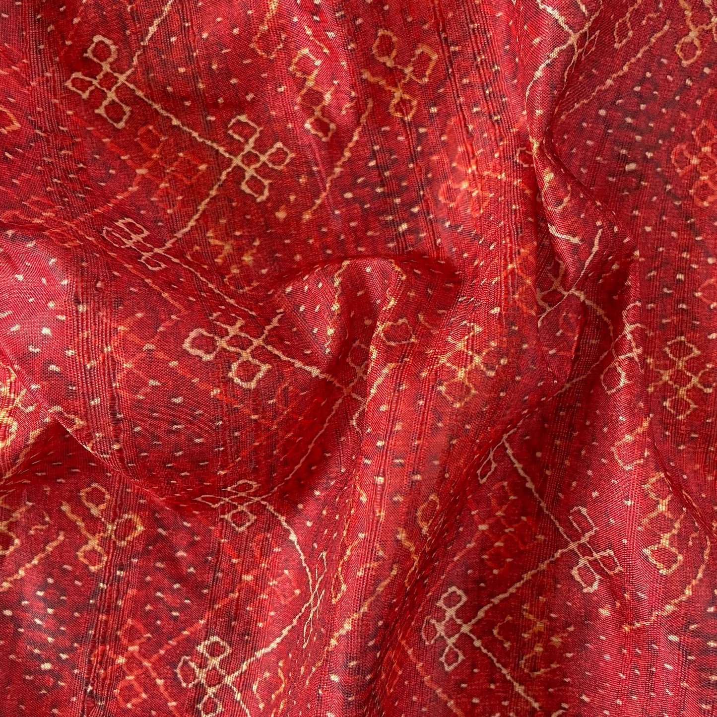 Tussar Silk Fabric Fabric Bright Red Bandhani Digital Printed Tussar Silk Fabric (Width 44 Inches)