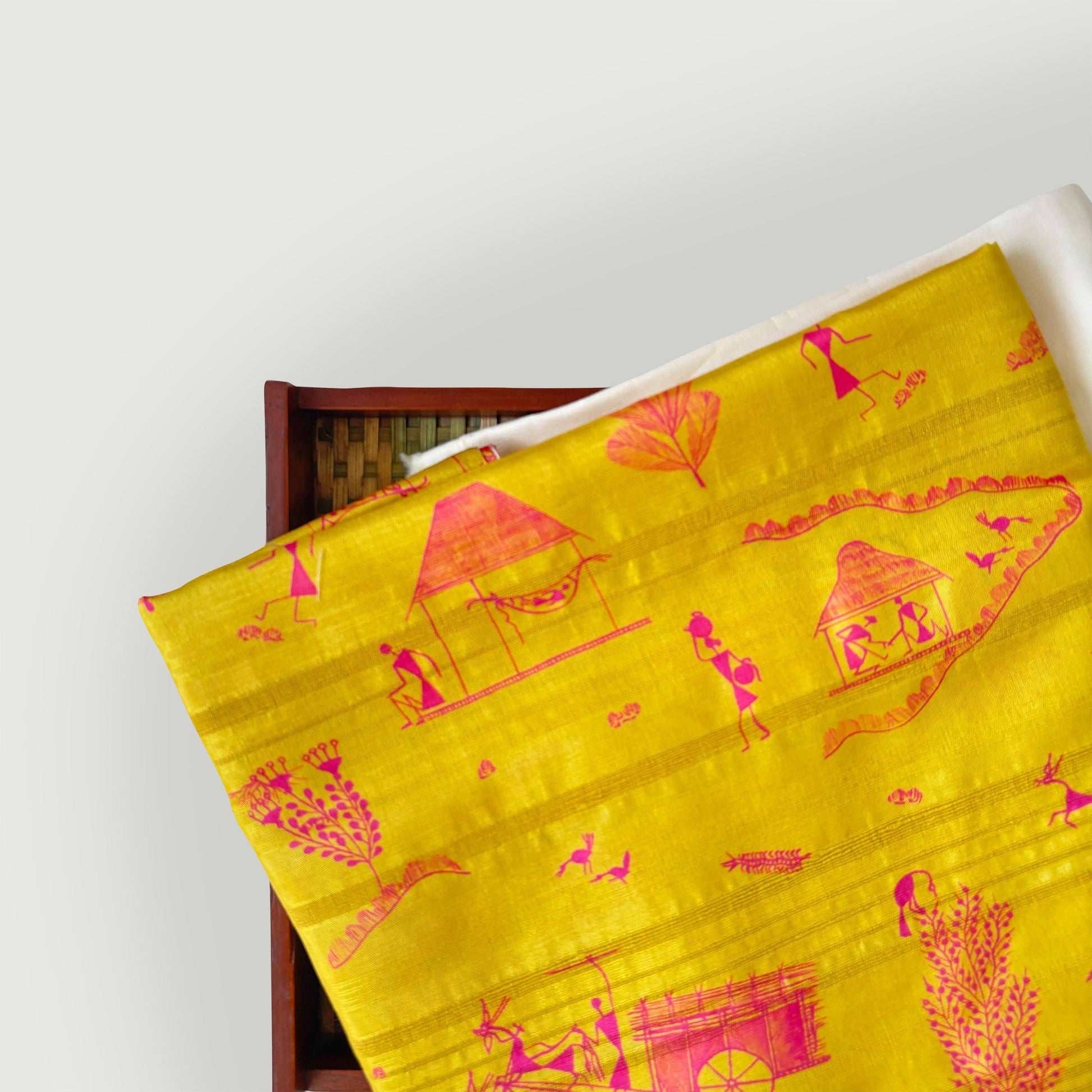 Tussar Silk Fabric Fabric Bright Yellow & Pink Warli Art Digital Printed Tussar Silk Fabric (Width 44 Inches)