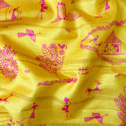 Tussar Silk Fabric Fabric Bright Yellow & Pink Warli Art Digital Printed Tussar Silk Fabric (Width 44 Inches)