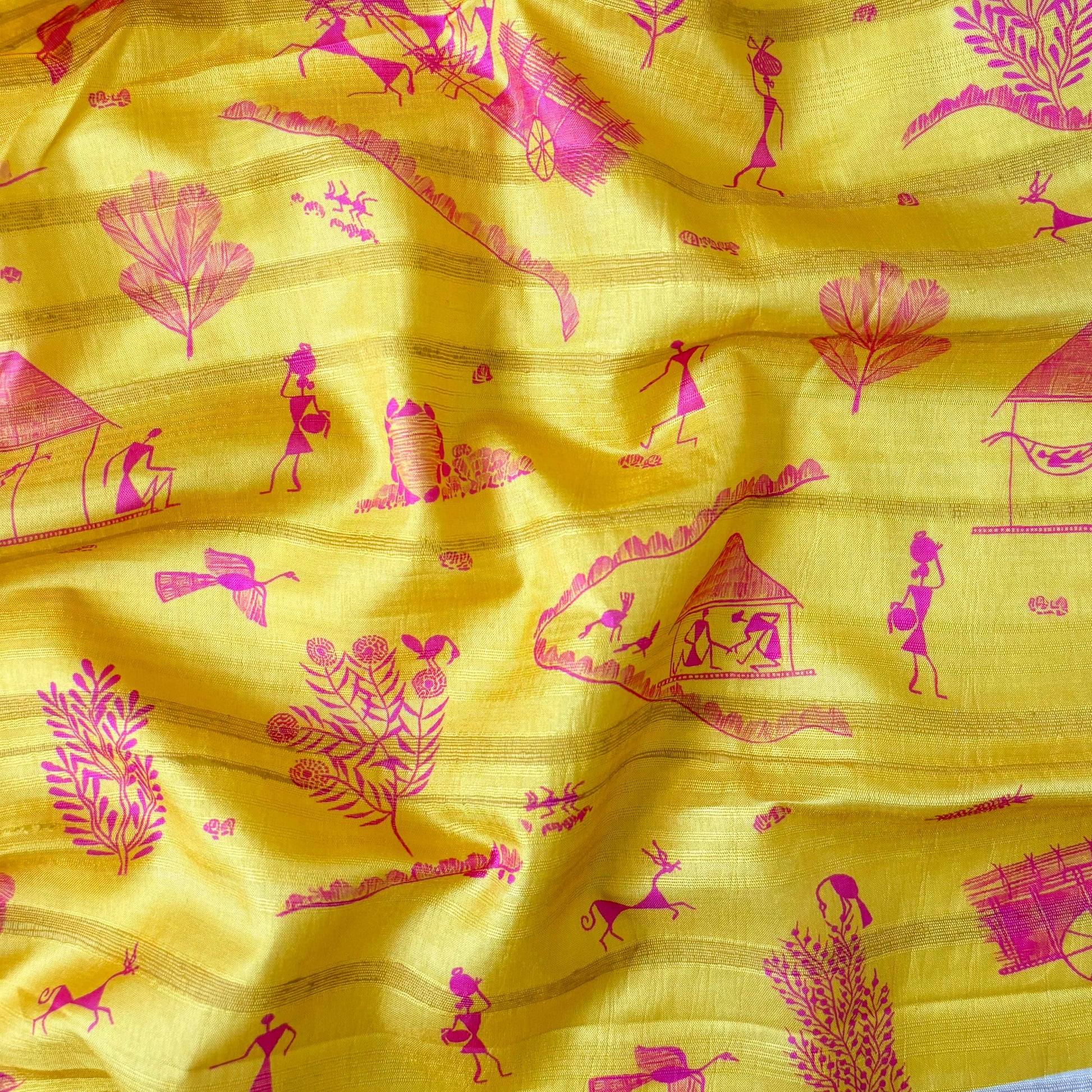 Tussar Silk Fabric Fabric Bright Yellow & Pink Warli Art Digital Printed Tussar Silk Fabric (Width 44 Inches)