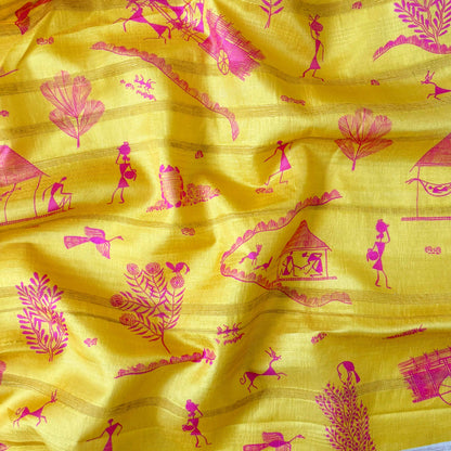 Tussar Silk Fabric Fabric Bright Yellow & Pink Warli Art Digital Printed Tussar Silk Fabric (Width 44 Inches)