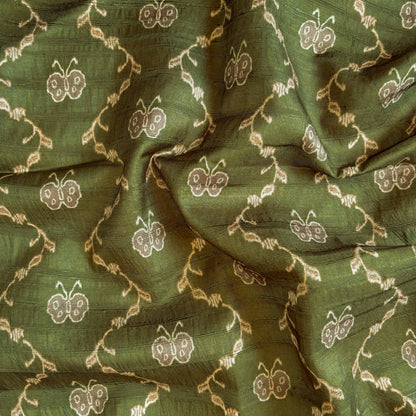 Tussar Silk Fabric Fabric Dusty Olive Abstract Butterfly Digital Printed Tussar Silk Fabric (Width 44 Inches)