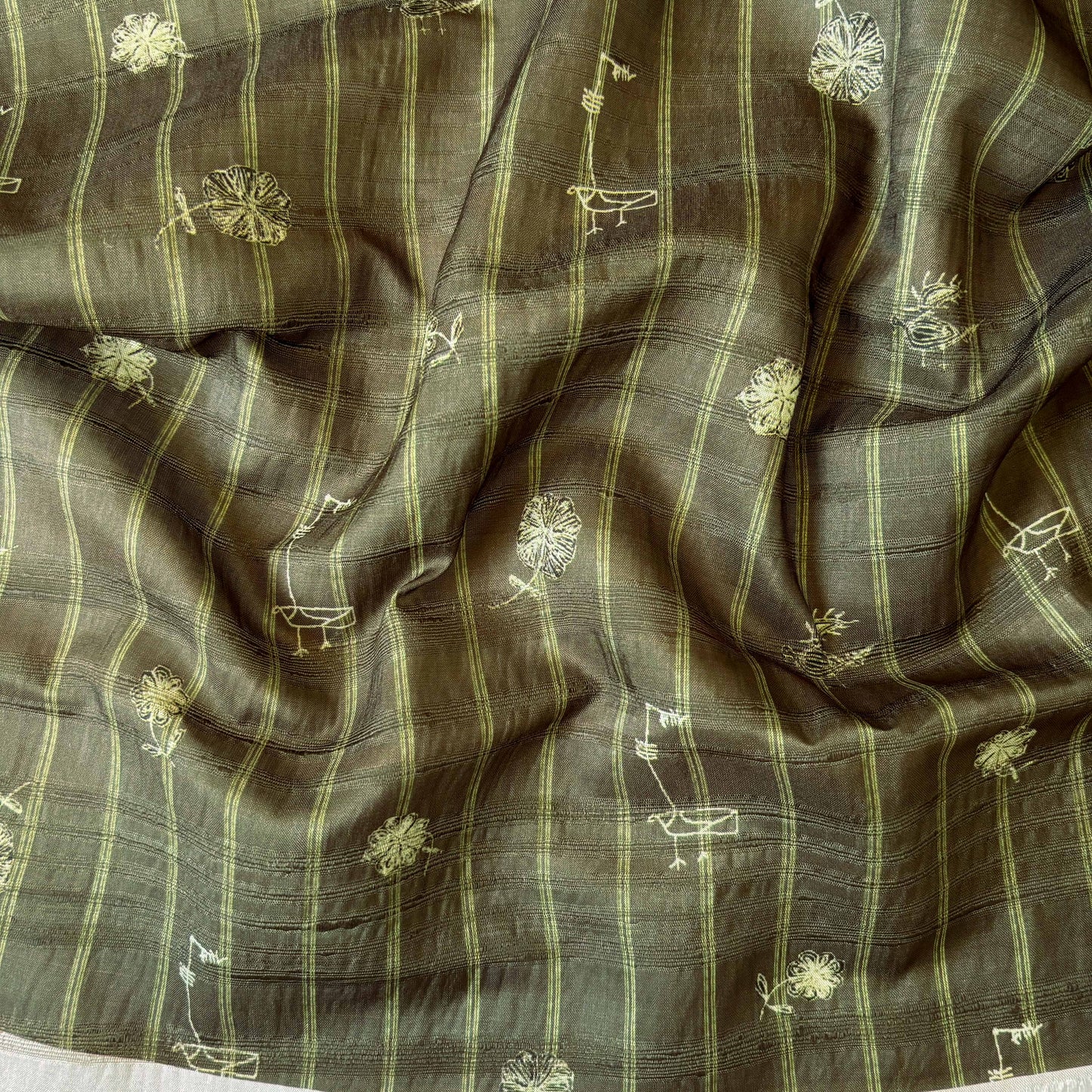 Tussar Silk Fabric Fabric Dusty Olive Abstract Stripes Digital Printed Tussar Silk Fabric (Width 44 Inches)