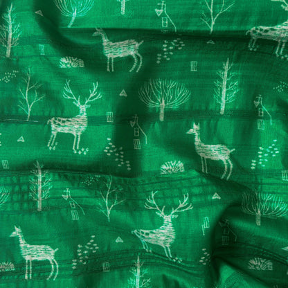 Tussar Silk Fabric Fabric Fresh Green & Off-White Warli Art Digital Printed Tussar Silk Fabric (Width 44 Inches)