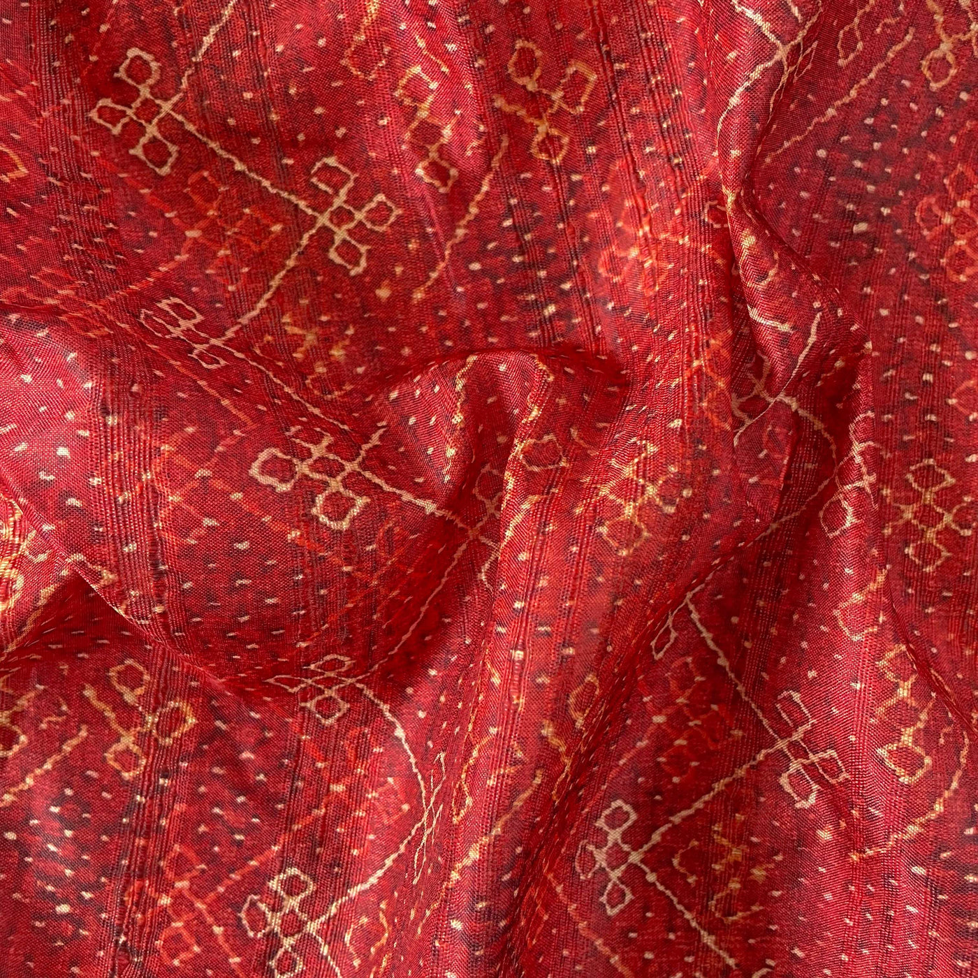 Tussar Silk Kurta Set Cut Piece (CUT PIECE) Bright Red Bandhani Digital Printed Tussar Silk Fabric (Width 44 Inches)