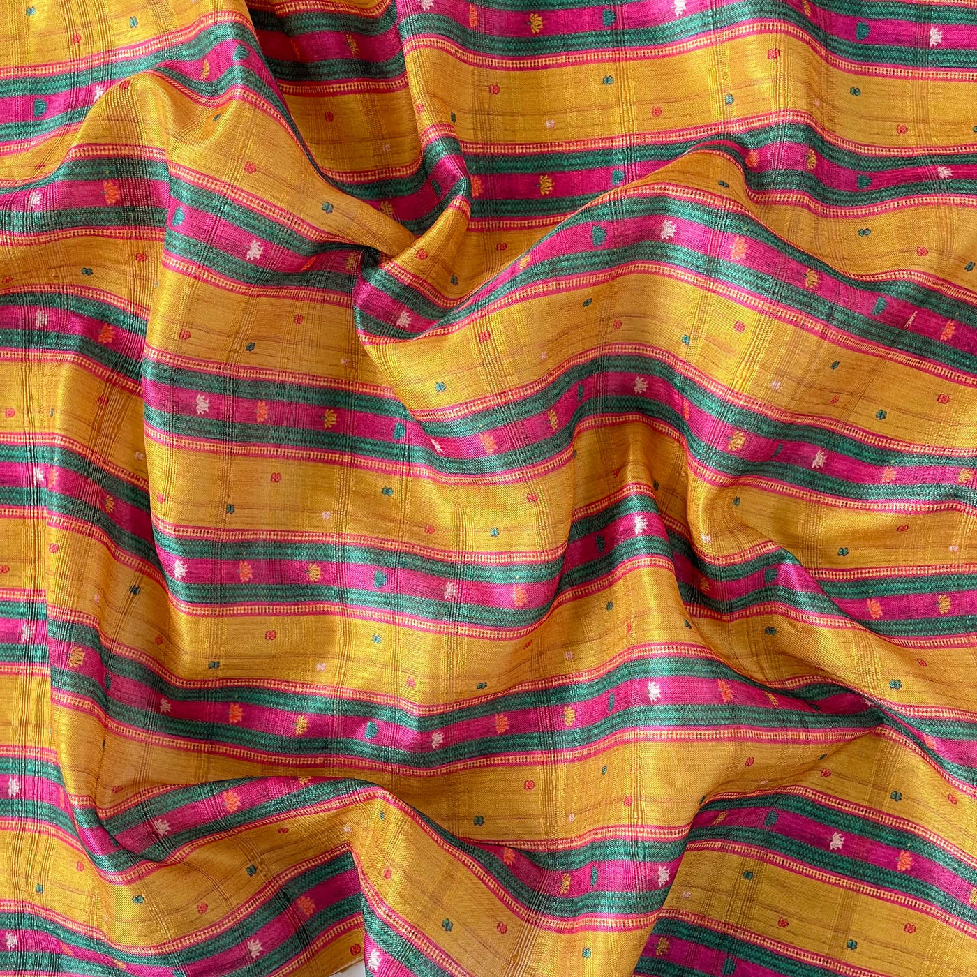 Tussar Silk Kurta Set Cut Piece (CUT PIECE) Yellow & Pink Traditional Stripes Digital Printed Tussar Silk Fabric (Width 44 Inches)