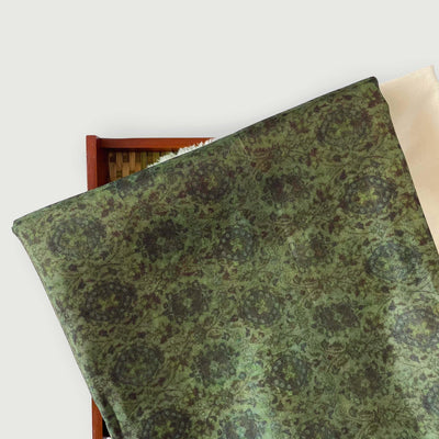 Tussar Silk Kurta Set Kurta Set Dusty Olive Green | Vintage Kalamkari Printed Tussar Silk Kurta Fabric (3 Meters) |  and Cotton Pyjama (2.5 Meters) | Unstitched Combo Set