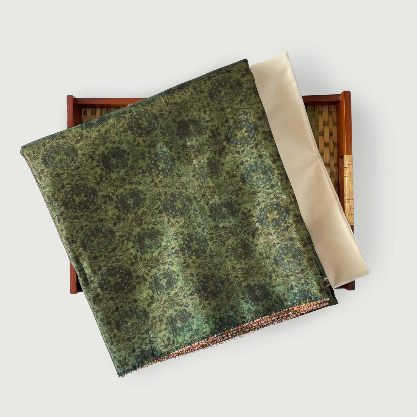 Tussar Silk Kurta Set Kurta Set Dusty Olive Green | Vintage Kalamkari Printed Tussar Silk Kurta Fabric (3 Meters) |  and Cotton Pyjama (2.5 Meters) | Unstitched Combo Set