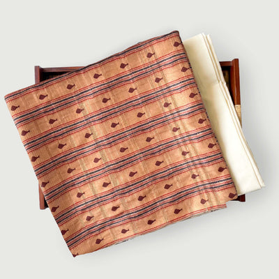 Tussar Silk Kurta Set Kurta Set Unisex Khaki Fish & Stripes  | Digital Printed Unstitched Tussar Silk Kurta Fabric (3 Meters) | And Cotton Pyjama (2.5 Meters) | Unstitched Combo Set
