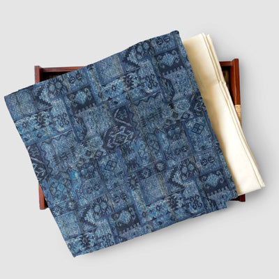 Tussar Silk Kurta Set Kurta Set Unisex Tribal Blue | Digital Printed Tussar Silk Kurta Fabric (3 Meters) | and Cotton Pyjama (2.5 Meters) | Unstitched Combo Set