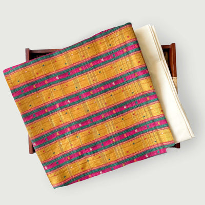 Tussar Silk Kurta Set Kurta Set Unisex Yellow & Pink Traditional Stripes | Digital Printed Unstitched Tussar Silk Kurta Fabric (3 Meters) | And Cotton Pyjama (2.5 Meters) | Unstitched Combo Set