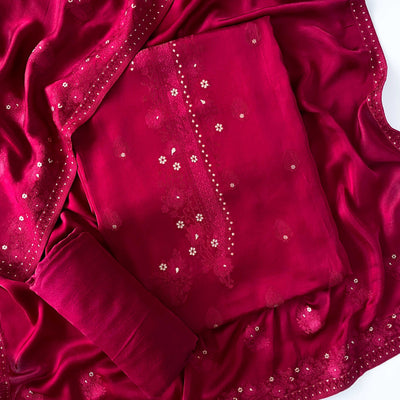 Unstitched Suit unstitched-suits Burgundy Red Guftagu Collection Woven Pure Gaji Silk Unstitched Suit Set