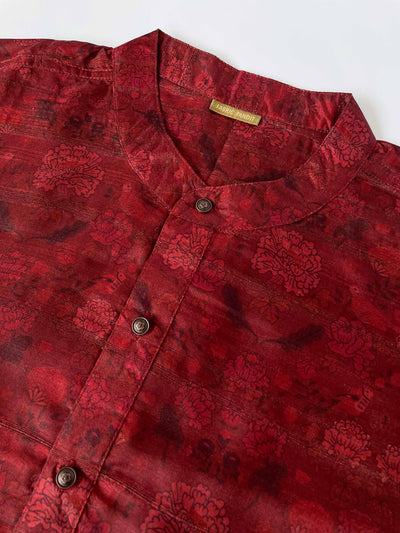 Utsav By Fabric Pandit Men's Stitched Long Kurta Men's Barn Red Garden of Marigolds Printed Comfort Fit Long Kurta