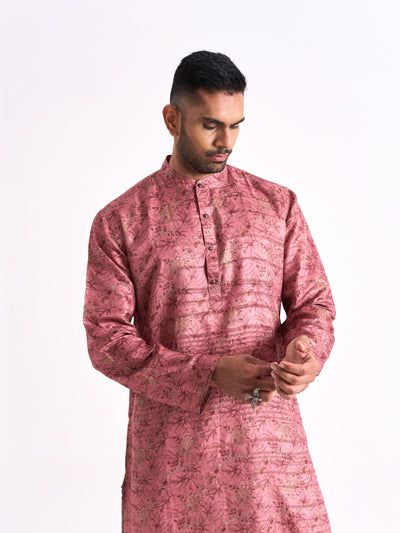 Fabric Pandit Men's Dusty Pink Printed Tussar Silk Comfort Fit Long Kurta