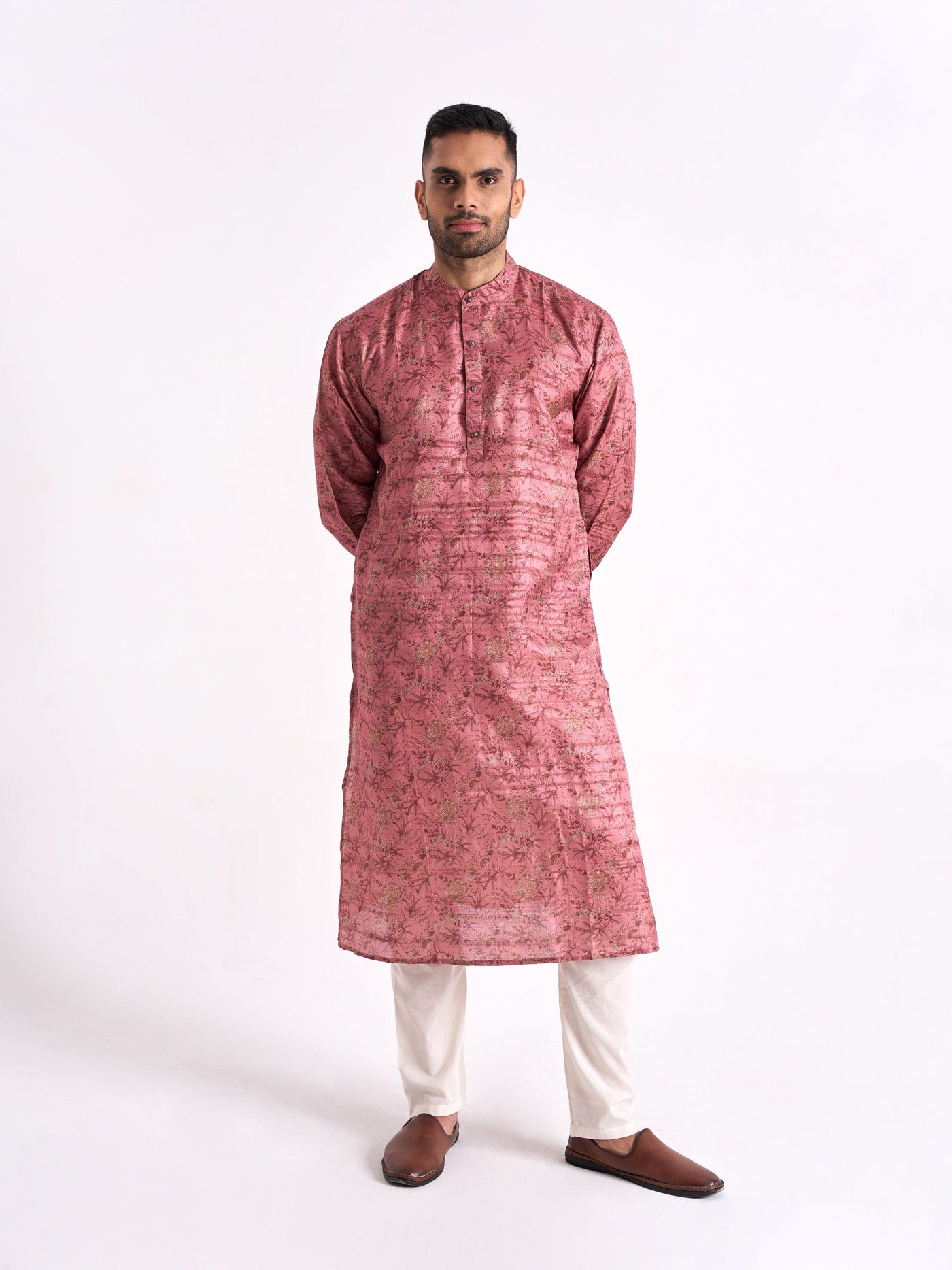 Fabric Pandit Men's Dusty Pink Printed Tussar Silk Comfort Fit Long Kurta