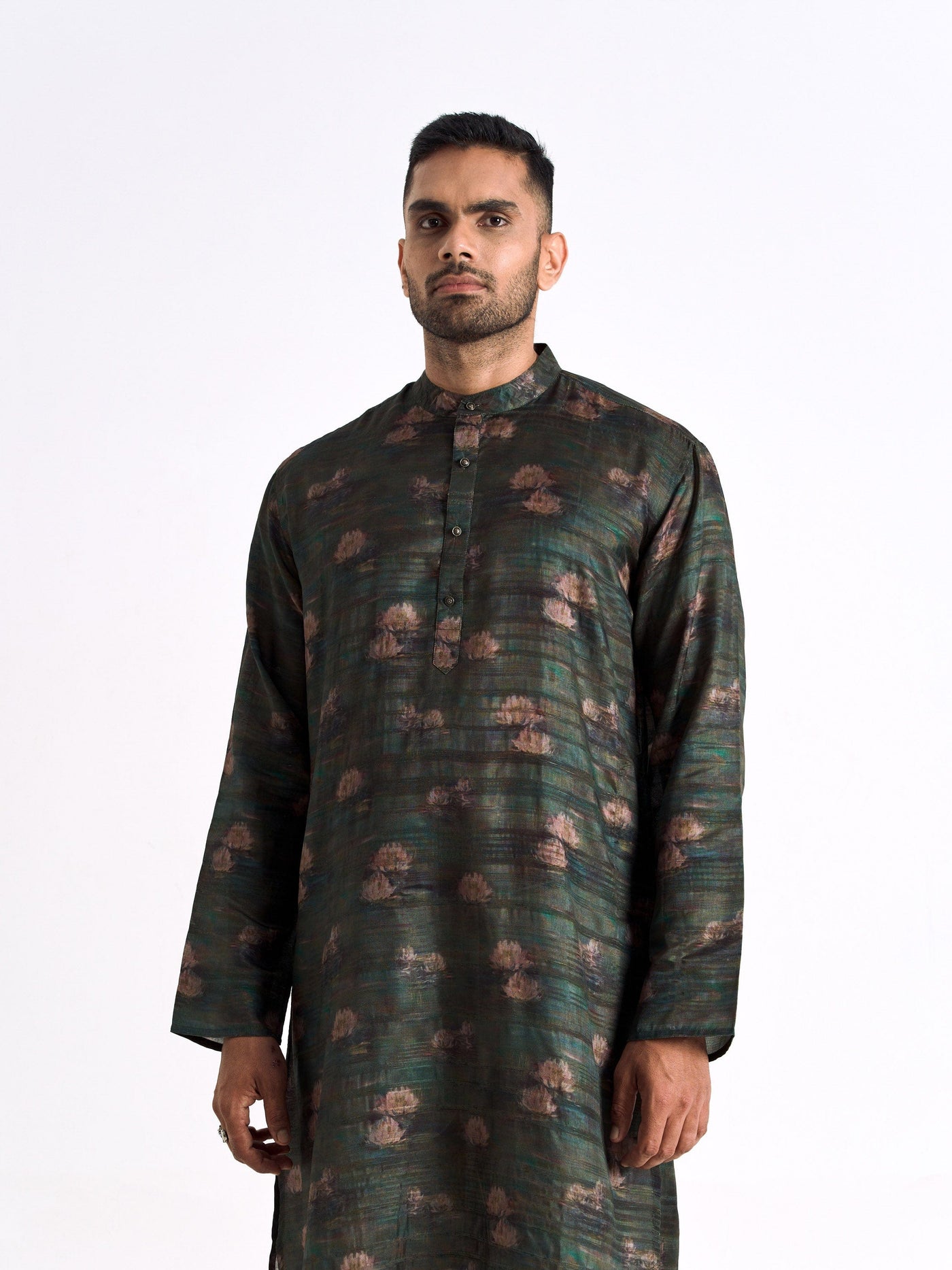 Utsav By Fabric Pandit Men's Stitched Long Kurta Men's Forest Green Enchanted Water Lilies Printed Comfort Fit Long Kurta