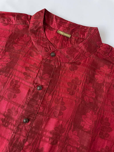 Utsav By Fabric Pandit Men's Stitched Long Kurta Men's Indian Red Blooming Lotus Printed Comfort Fit Long Kurta