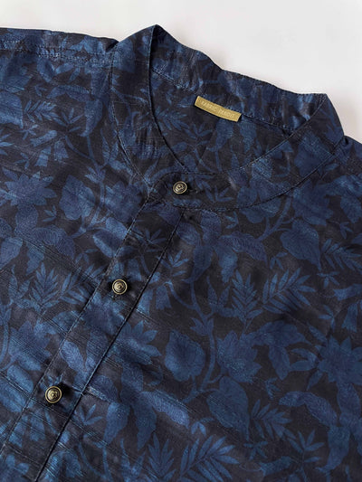 Utsav By Fabric Pandit Men's Stitched Long Kurta Men's Midnight Blue Wild Flowers Printed Comfort Fit Long Kurta