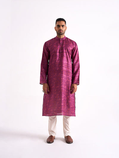 Utsav By Fabric Pandit Men's Stitched Long Kurta Men's Soft Magenta Printed Tussar Silk Comfort Fit Long Kurta
