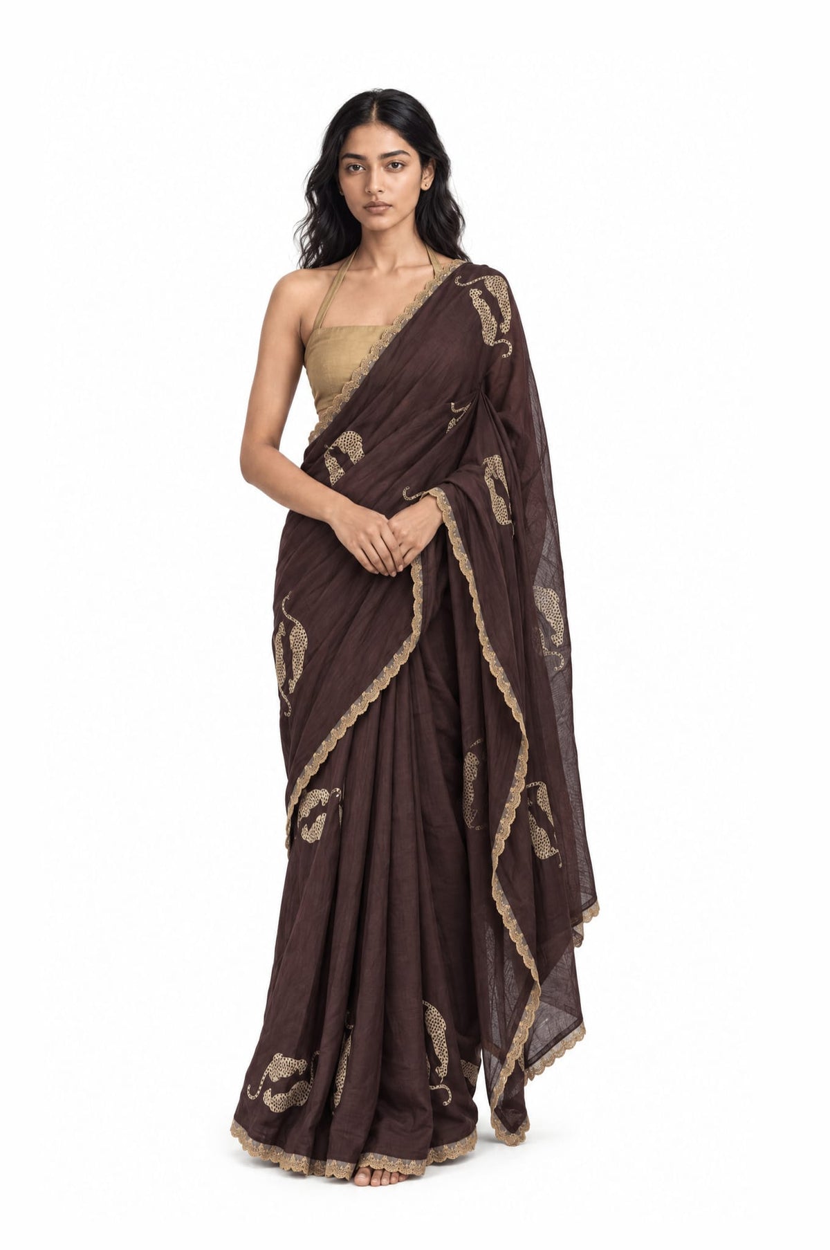 Wilderness in Thread Saree Saree Coffee Brown & Beige Mul Chanderi Saree