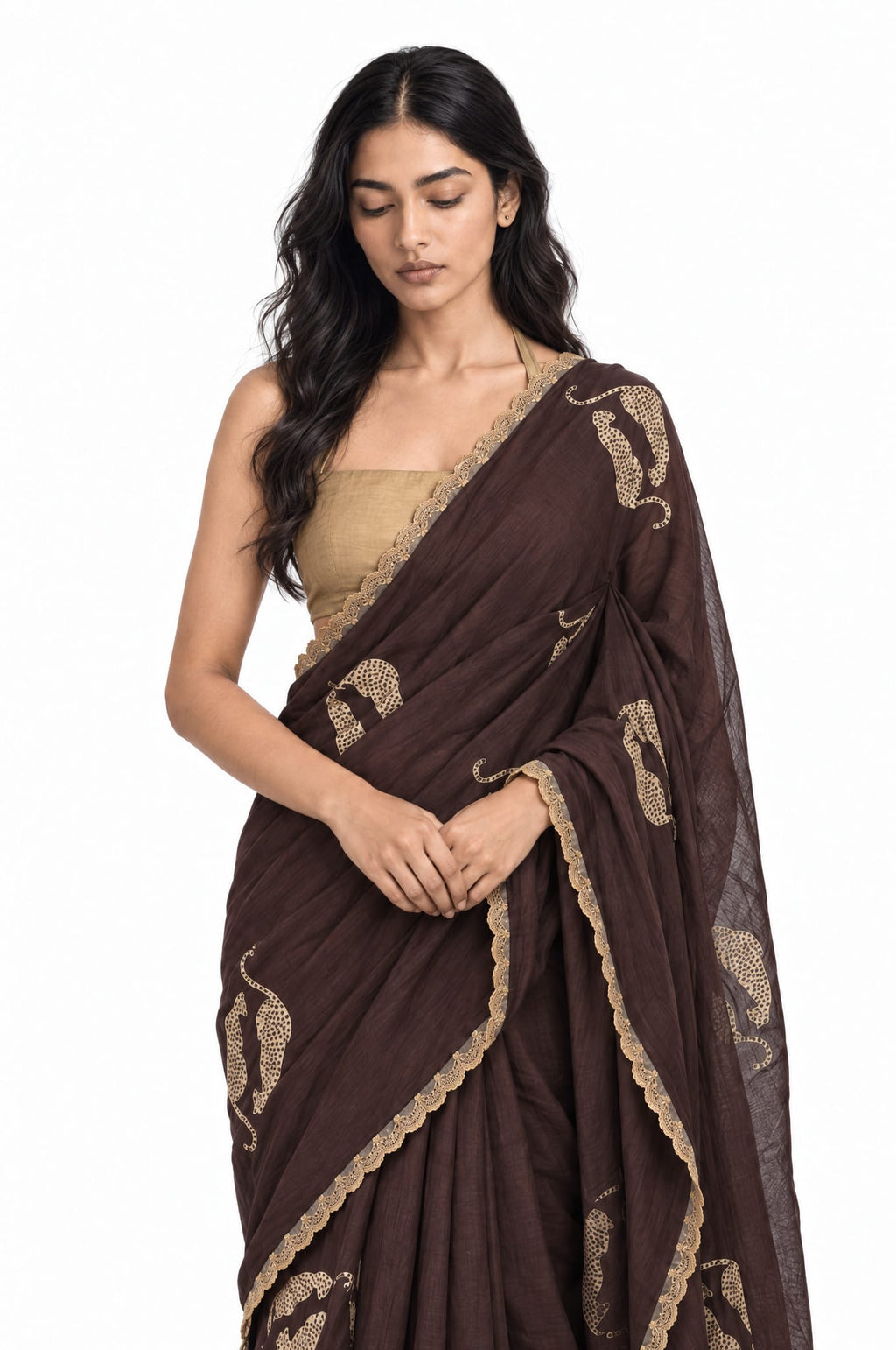 Wilderness in Thread Saree Saree Coffee Brown & Beige Mul Chanderi Saree