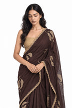 Wilderness in Thread Saree Saree Coffee Brown & Beige Mul Chanderi Saree