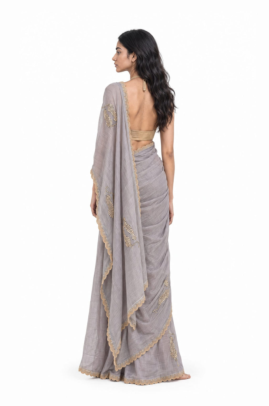Wilderness in Thread Saree Saree Grey & Beige Mul Chanderi Saree