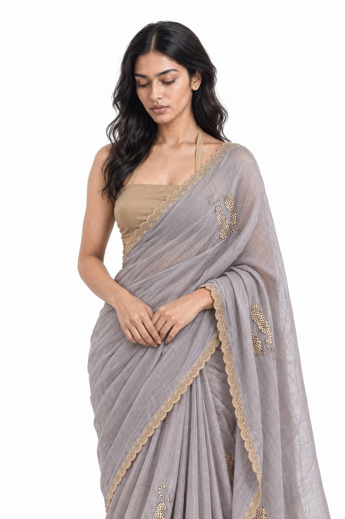 Wilderness in Thread Saree Saree Grey & Beige Mul Chanderi Saree