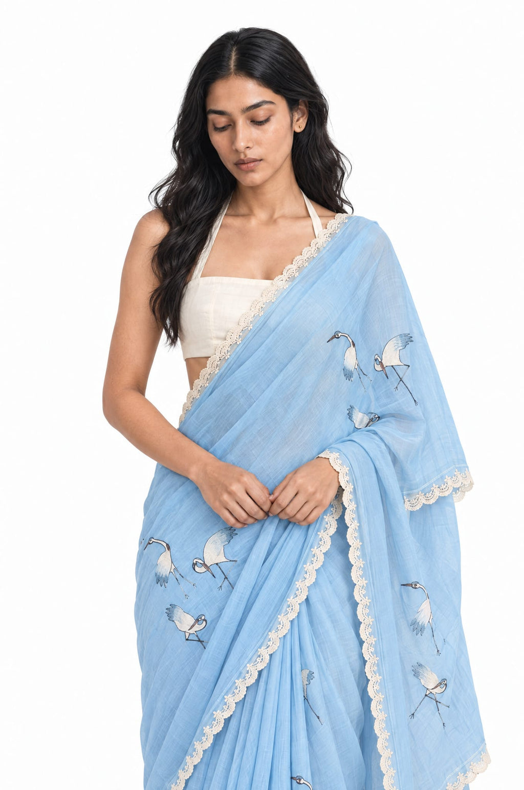 Wilderness in Thread Saree Saree Sky Blue & Off-White Mul Chanderi Saree