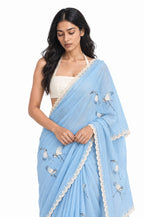 Wilderness in Thread Saree Saree Sky Blue & Off-White Mul Chanderi Saree