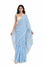 Wilderness in Thread Saree Saree Sky Blue & Off-White Mul Chanderi Saree