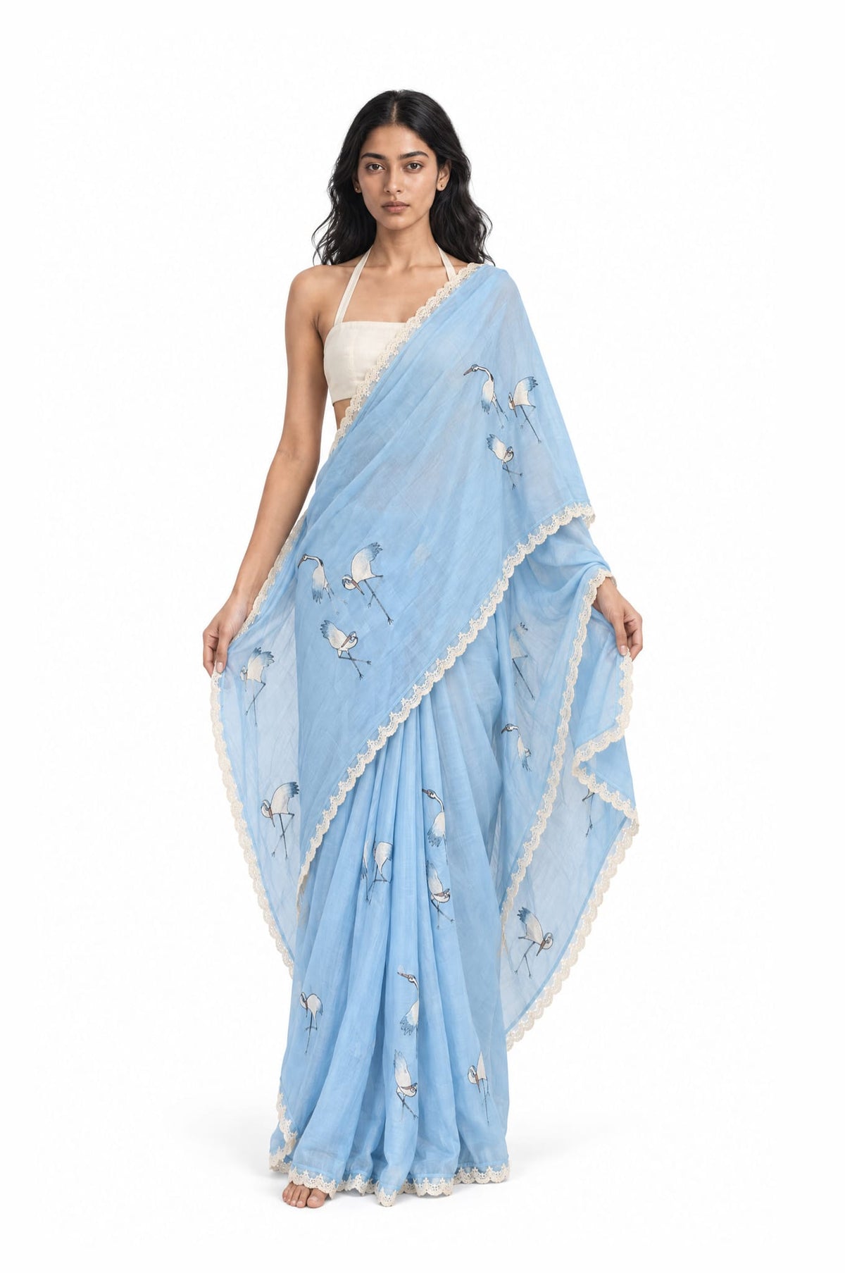 Wilderness in Thread Saree Saree Sky Blue & Off-White Mul Chanderi Saree