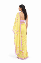 Wilderness in Thread Saree Saree Summer Yellow & Pink Mul Chanderi Saree